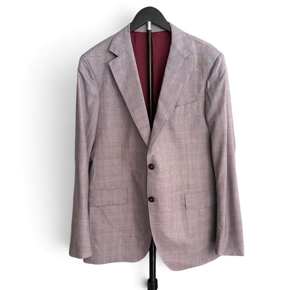 Tombolini Blazer Men 44R Gray Wool Silk Glen Plaid Suede Elbow Patch Italy Suit